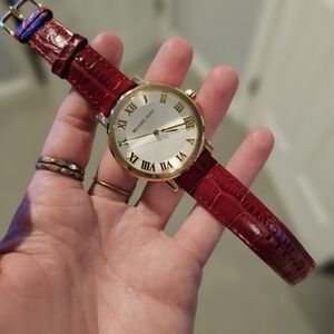 Michael Kors Gold Case Watch with Red Croc-Embossed Strap